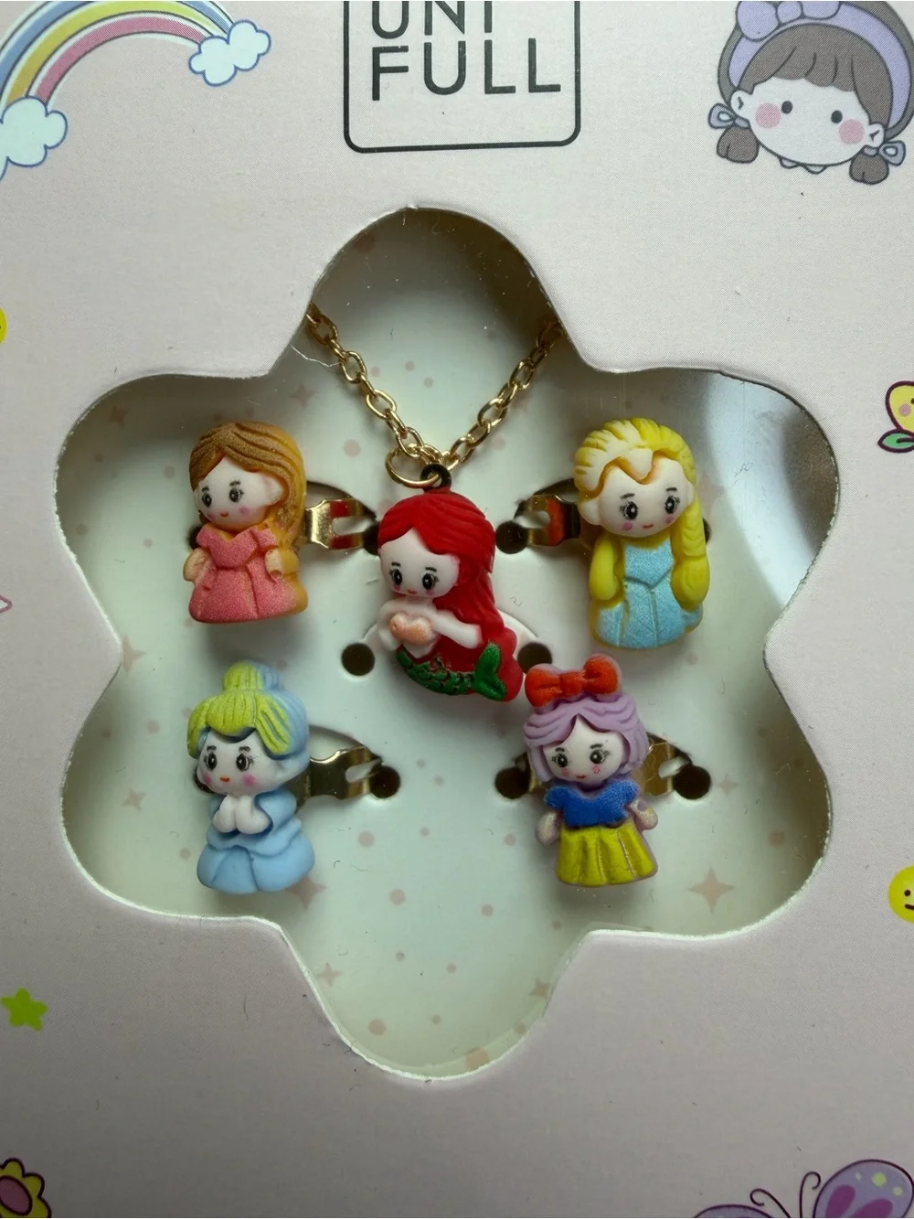 UNIFULL Kids Princess Charm Necklace And Ring Set in Pastel Colors Gold Tone